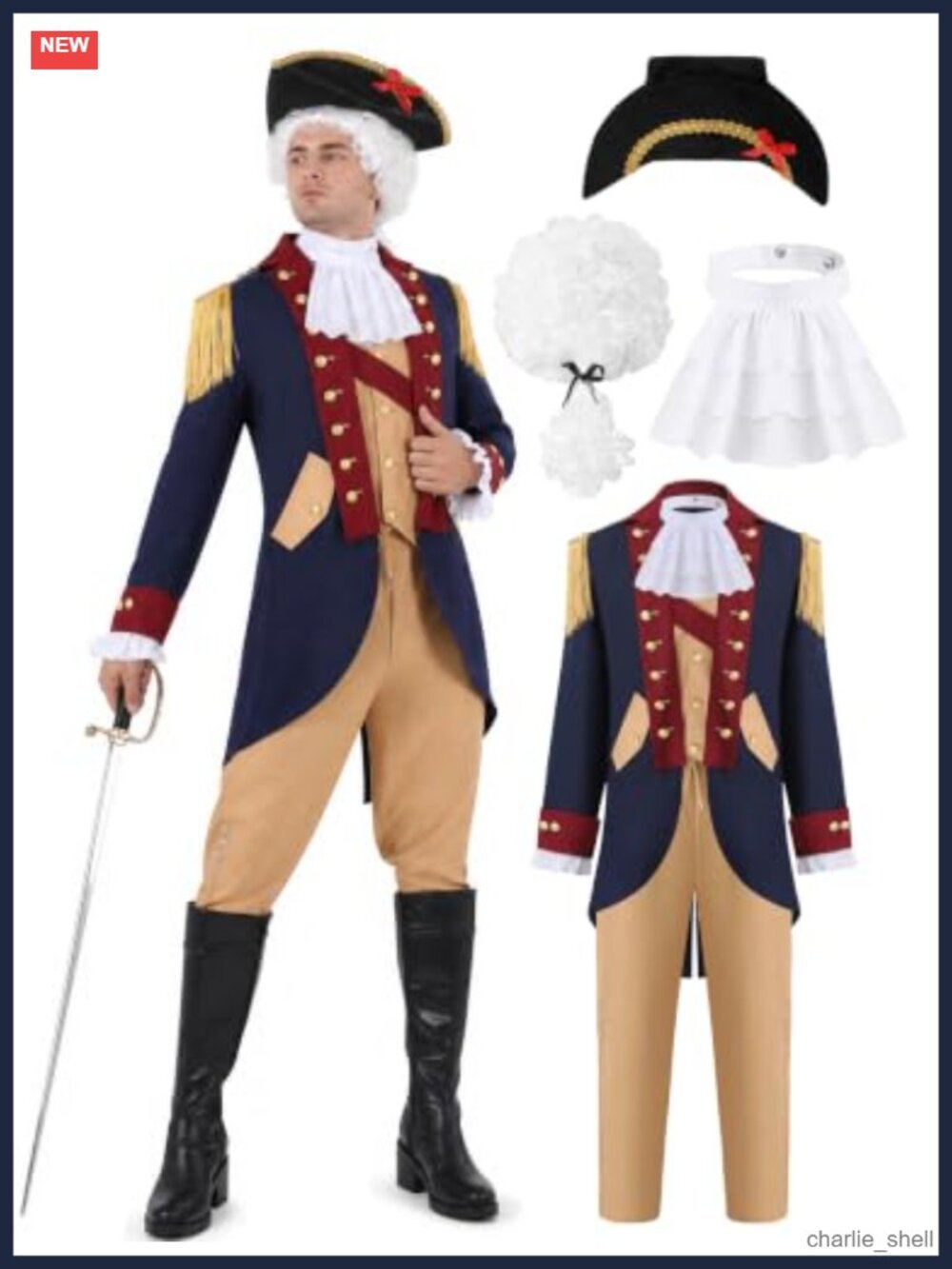 Men's Founding Father Colonial Costume Set Wig Hat Revolutionary War Outfit